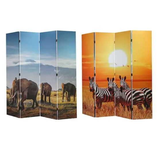 American Art Decor&trade; 6ft. Double-Sided 4-Panel African Elephants & Zebras Animals Canvas Privacy Screen {1}