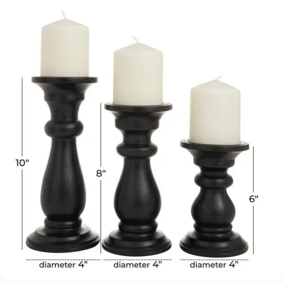Set of 3 Black Mango Wood Traditional Candle Holders, 10" x 4" x 4" {7}
