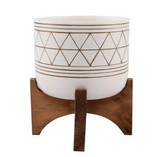 Flora Bunda 5" White Gold Geo Planter With Wood Stand {1}