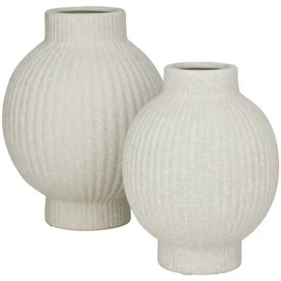 CosmoLiving by Cosmopolitan White Ceramic Ribbed Vase Set of 2 11", 9" {3}