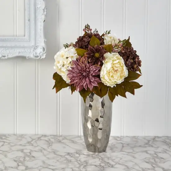 22" Peonies, Hydrangeas & Dahlias in Silver Vase {4}