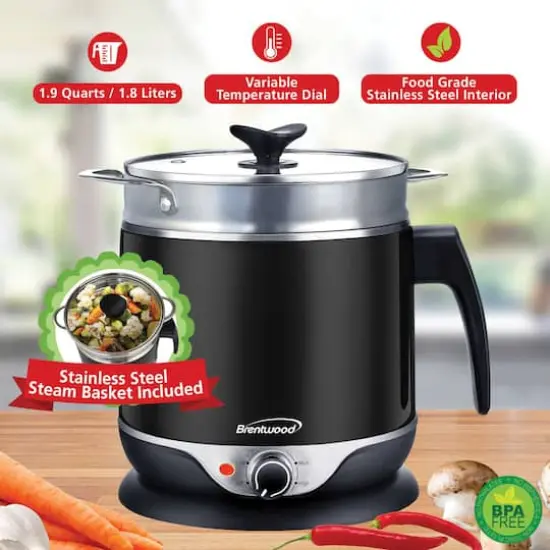 Brentwood 1.9qt. 600-Watt Stainless Steel Cordless Electric Hot Pot Cooker & Food Steamer With Swivel Base {3}