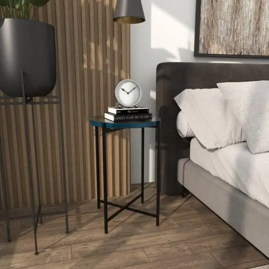 24" Metal X-Shaped Accent Table with Textured Glass Tabletop Black {9}