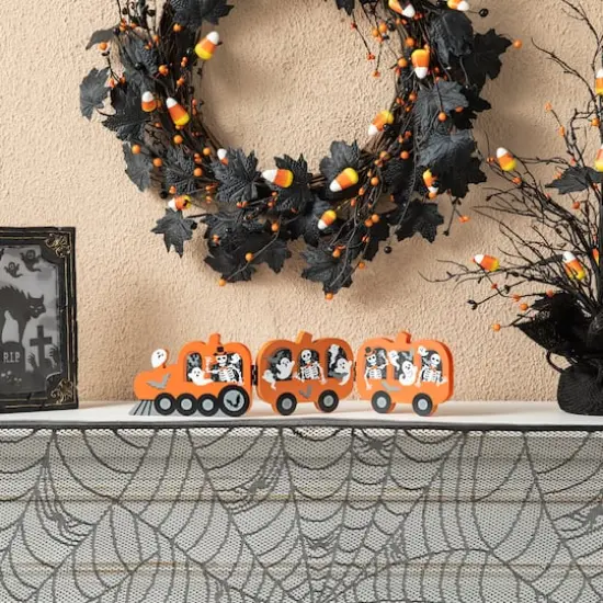 Glitzhome&reg; 16" Halloween Skeletons & Ghosts Hinged Pumpkin Train D&eacute;cor {3}