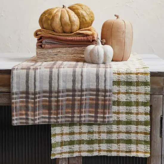 Hello Honey 108" x 14" Cream, Green & Yellow Plaid Woven Cotton Table Runner {3}