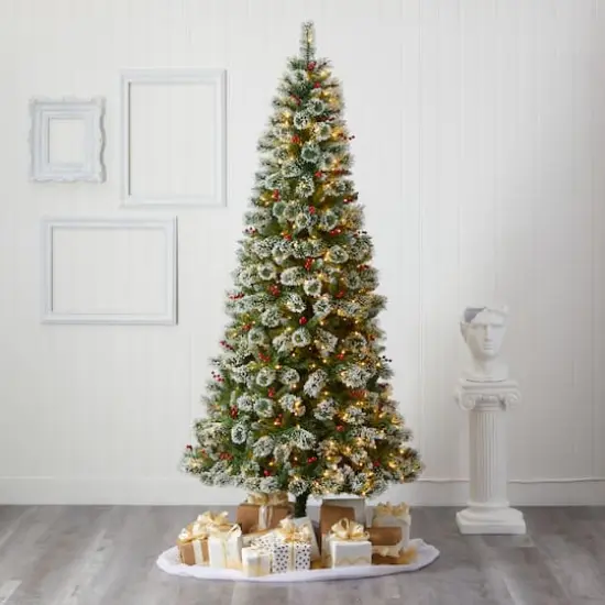 8ft. Pre-Lit Frosted Swiss Pine & Berries Artificial Christmas Tree with Clear LED Lights {6}