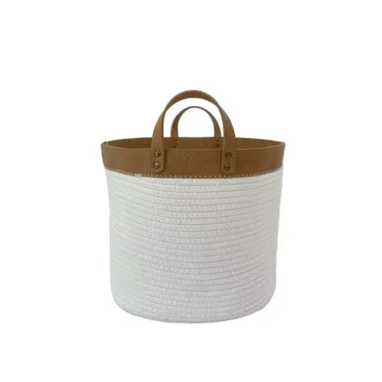 White Fabric Rope Basket with Brown Faux Leather Brim by Ashland&reg; {4}