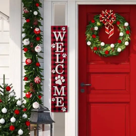 Glitzhome&reg; 42" Plaid Pet "WELCOME" Wooden Porch Sign {3}