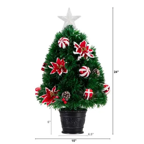 2ft. Fiber Optic Artificial Christmas Tree with Ornaments, Poinsettia & Star Topper in Decorative Planter {7}