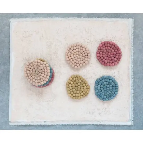 Hello Honey® Blue and Green Tones Handmade Wool Felt Ball Coaster Set {3}