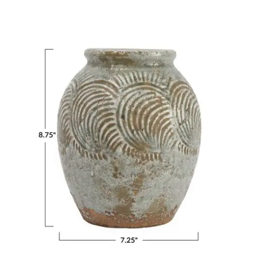 Hello Honey&reg; 8.7" Distressed Gray Terracotta Vase with Embossed Pattern {4}