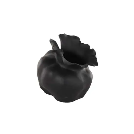 12.75" Black Ceramic Abstract Wide Rounded Floral Shaped Decorative Vase with Petal Rim {5}