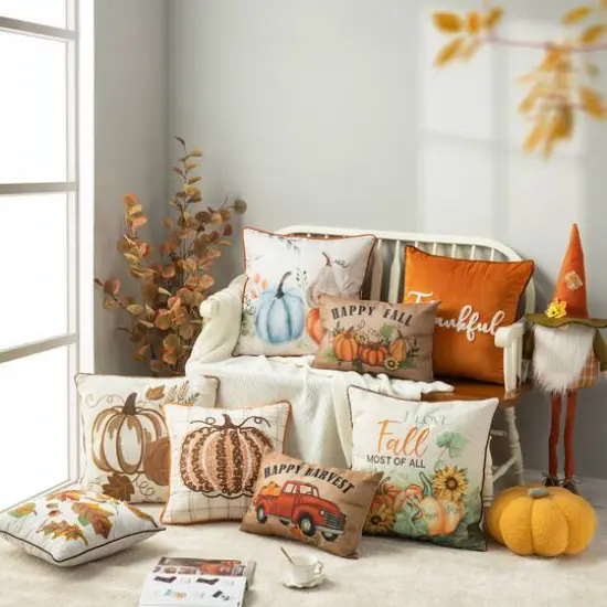 Glitzhome&reg; Cotton Embroidered Pumpkin Pillow Cover {12}