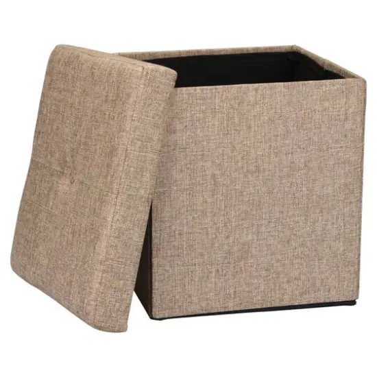 Simplify 15" Faux Linen Folding Storage Ottoman Cube Natural {4}