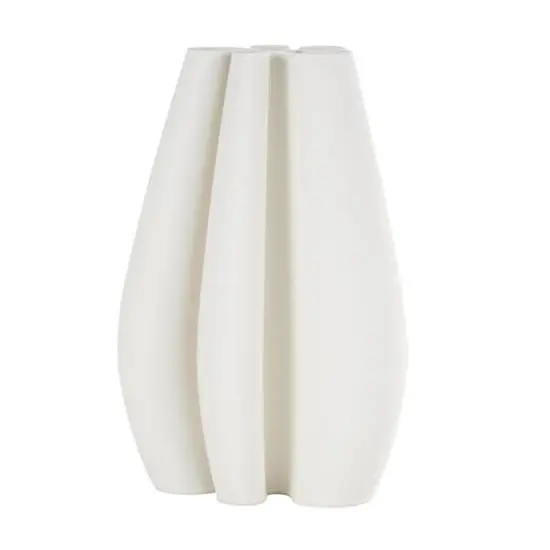 White Ceramic Abstract Ribbed Dimensional Concaved Vase with Floral Shaped Rim {7}