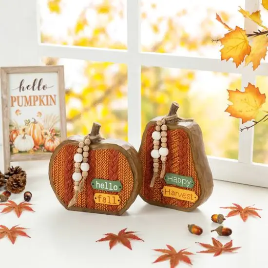 Glitzhome&reg; Fall Faux Knitted Resin Pumpkin Set {4}