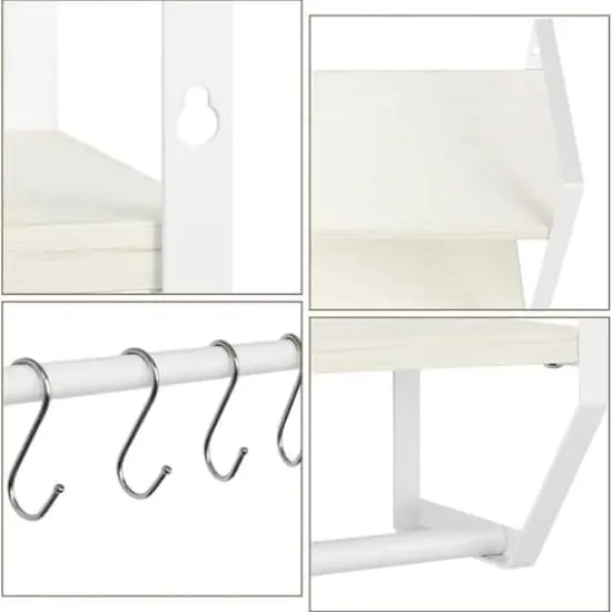 2-Layer Wall Mounted Rustic Shelves with Iron Towel Bar White {5}