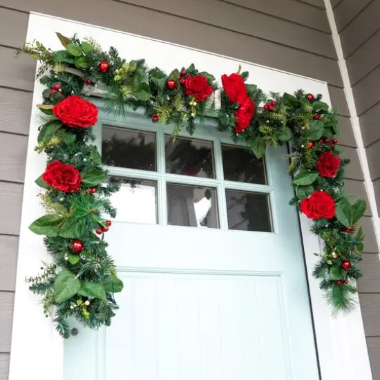 Village Lighting 9ft. Pre-Lit LED Red Peonies & Berry Garland {7}