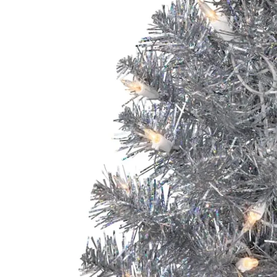 2ft. Pre-Lit Silver Iridescent Tinsel Artificial Christmas Tree, Clear Lights {4}