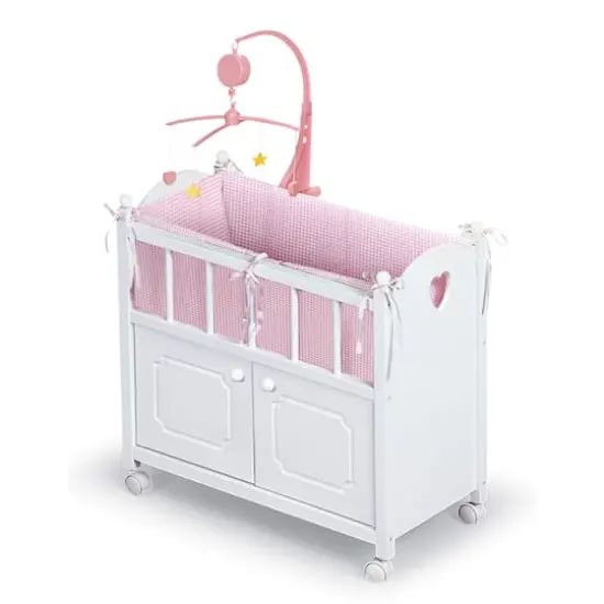 Badger Basket White & Pink Cabinet Doll Crib with Gingham Bedding {1}