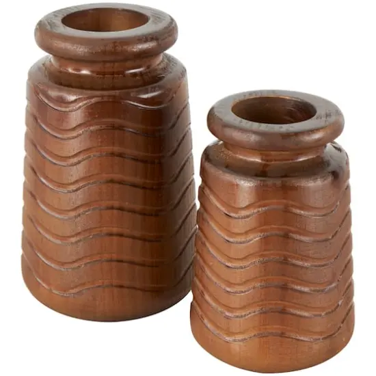 Brown Wood Vase with Carved Wavy Design Set {5}