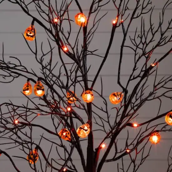 4ft. Pre-Lit Artificial Halloween Black Twig Tree with 24 Orange LED Pumpkin Shaped Lights {7}