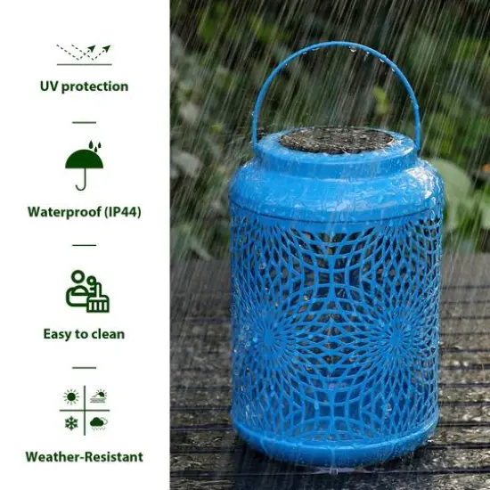 Glitzhome® 8.75" Metal Cutout Solar Powered Hanging Lantern Set Blue {7}