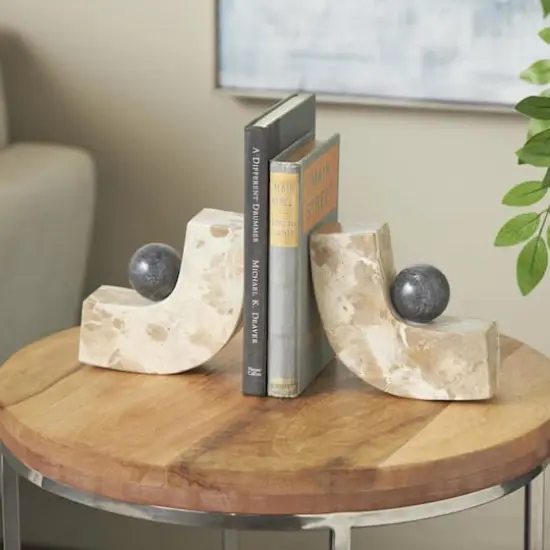 5" Brown Marble Arched Curved Bookends with Black Orbs, 2ct {3}