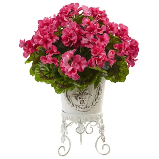 18.5" Pink UV Resistant Geranium Arrangement with White Metal Planter {1}