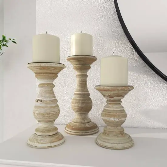 Mango Wood Traditional Candle Holder Set Cream {13}
