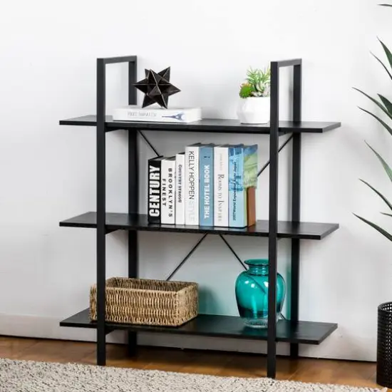 Glitzhome&reg; 41.5" Black Modern Industry 3-Tier Bookcase {3}