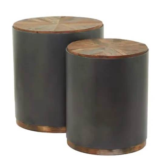 Black Metal Accent Table with Brown Wood Top Set of 2 21", 19" {3}