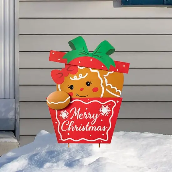 Glitzhome&reg; 2ft. Metal Gingerbread Giftbox Yard Stake {7}