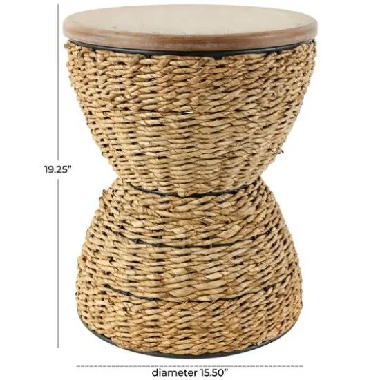 19" Rattan Woven Stool with Wood Tabletop and Black Frame Medium Brown {6}