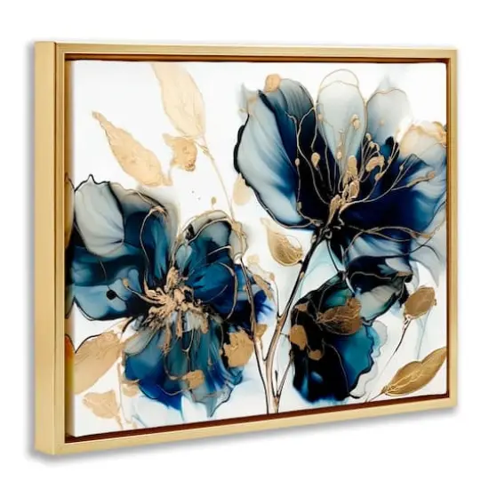 Stupell Industries Blue Swirling Modern Flowers Floater Framed Art Gold {4}