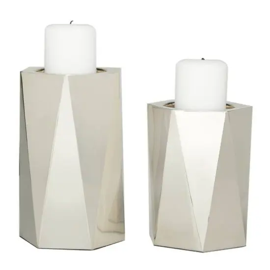 Silver Stainless Steel Glam Candle Holder, Set of 2" 10", 8" {1}