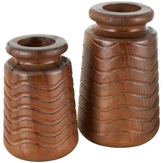 Brown Wood Vase with Carved Wavy Design Set {4}