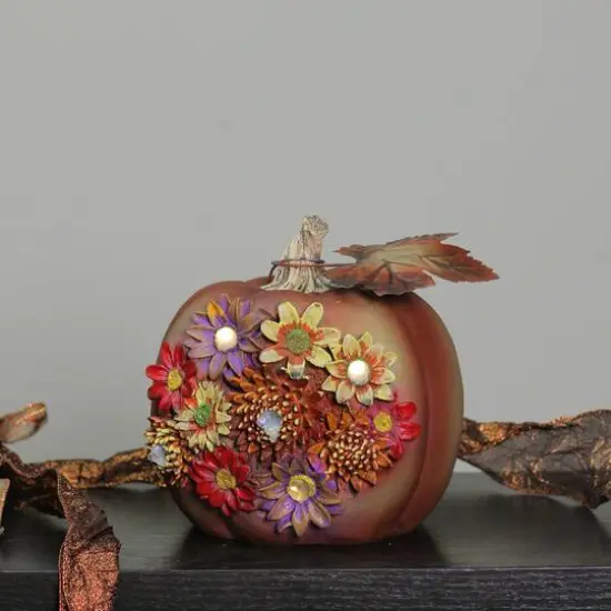 7.5" Brown Solar Powered Floral Pumpkin Outdoor Decoration {5}