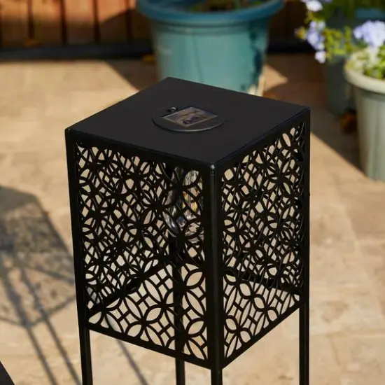 Glitzhome&reg; Black Metal Cutout Pattern Solar Powered Outdoor Floor Lanterns Set {9}