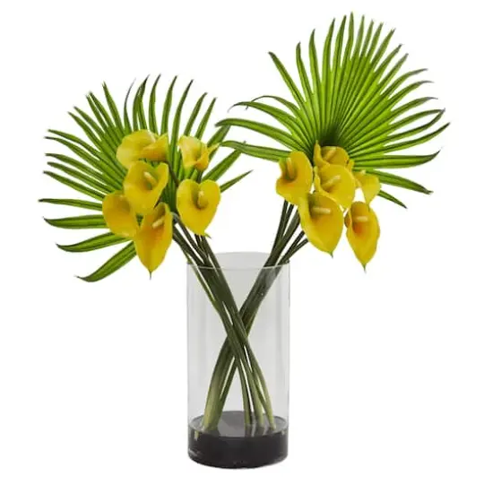 2.2ft. Calla Lily & Fan Palm Artificial Arrangement in Cylinder Glass Vase Yellow {1}