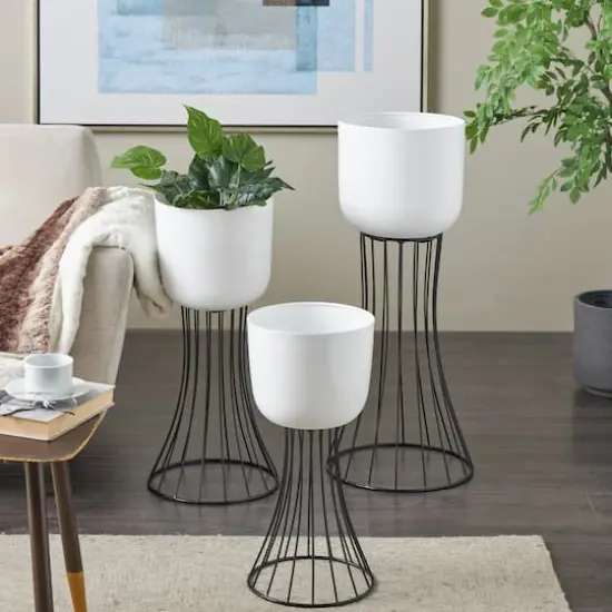 White Metal Planter with Black Hourglass Stands Set {3}