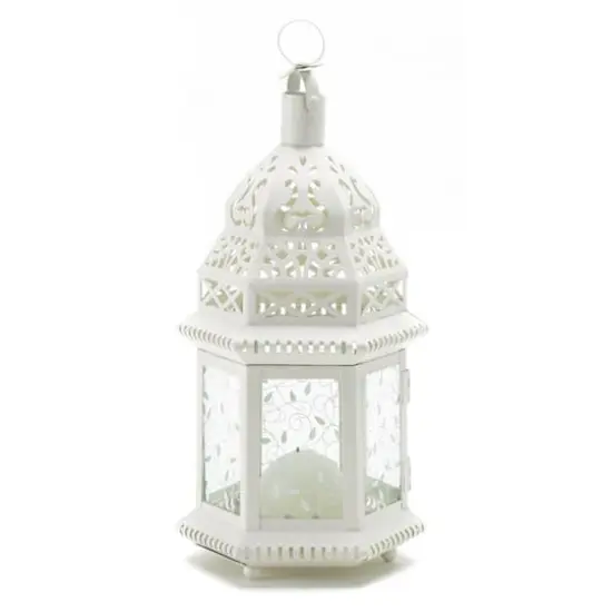 12" White Moroccan Style Hanging Candle Lantern with Etched Floral Glass {1}