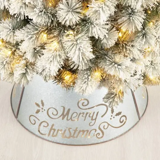 Glitzhome&reg; Silver 22" LED Merry Christmas Cutout Metal Tree Collar {5}