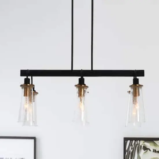 Hello Honey&reg; Robert Stevenson Lighting Jameson Metal & Seedy Glass 6-Light Linear Chandelier Matte Black {3}