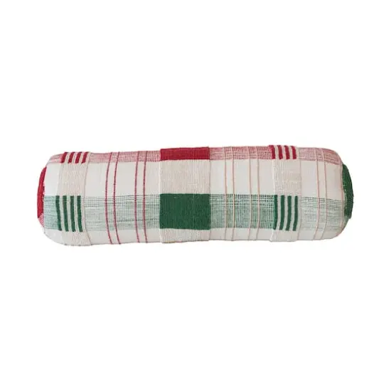 Hello Honey® 25" Red, Green & Gold Plaid Textured Woven Bolster Pillow {1}