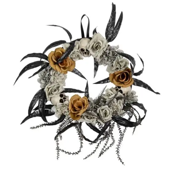 14" Unlit Skulls with Orange & Gray Roses Halloween Wreath {1}