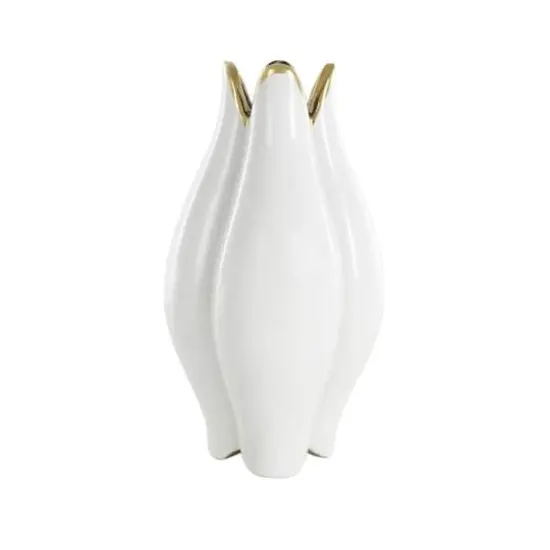 White Ceramic Dimensional Tulip Shaped Vase with Metallic Gold Rim {7}