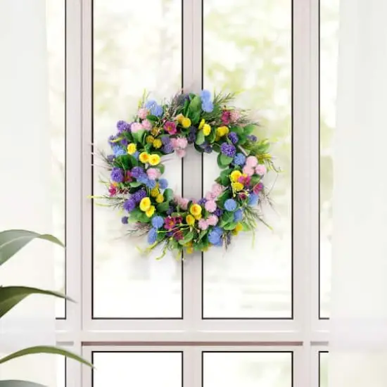 24" Pink, Blue & Yellow Spring Echinops & Chrysanthemum Floral Wreath {3}