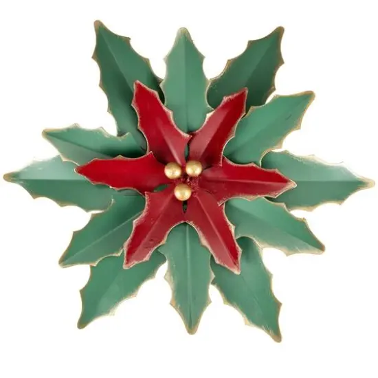 14" Small Green and Red Metal Poinsettia Christmas Wall Hanging {6}