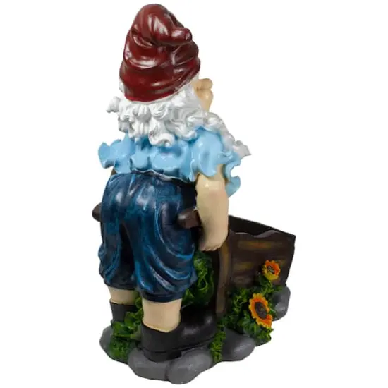20" Blue & Brown Wheelbarrow Gnome Outdoor Garden Statue {5}